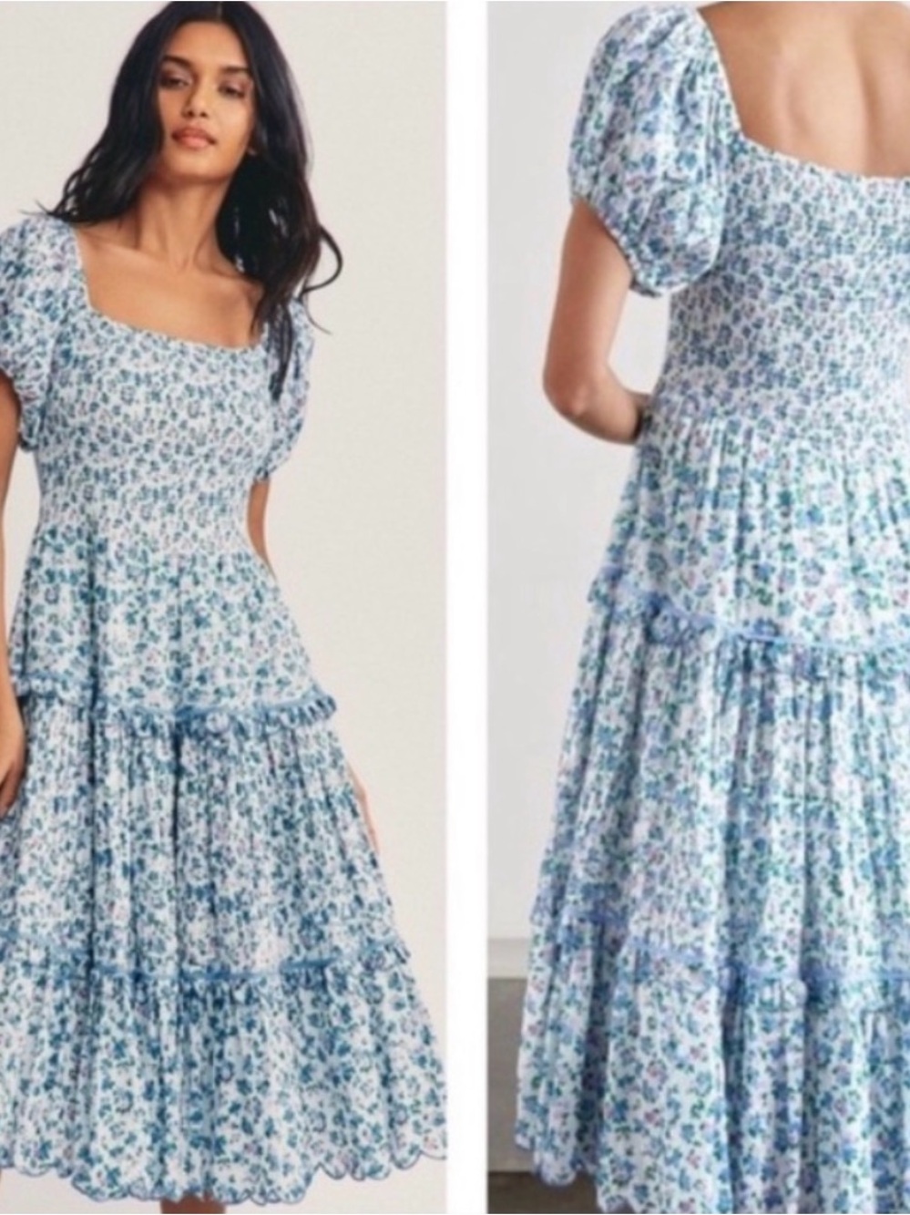 NWT LoveShackFancy Massie Shirred Floral Midi Dress Blue Multi Size M